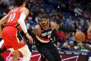 Carmelo Anthony, Portland Trail Blazers, guarded by Jaxson Hayes, New Orleans Pelicans.
